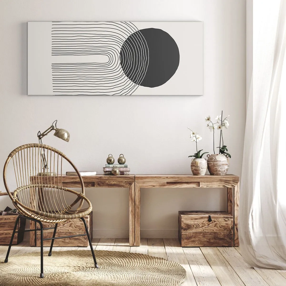 Impression sur toile - Image sur toile - Motif abstrait avec des lignes et un cercle noir sur un fond clair - 120x50cm - Tremblement et confiance - Décoration murale moderne pour le salon et la chambre ARTTOR