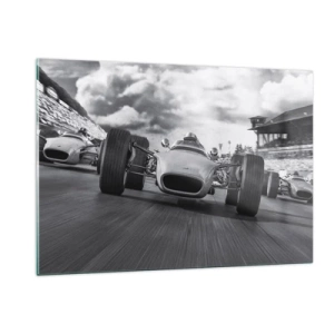 Impression sur verre - Image sur verre - Course de voitures classiques sur une piste en noir et blanc - 120x80cm - Puissance! - Décoration murale moderne pour le salon et la chambre ARTTOR