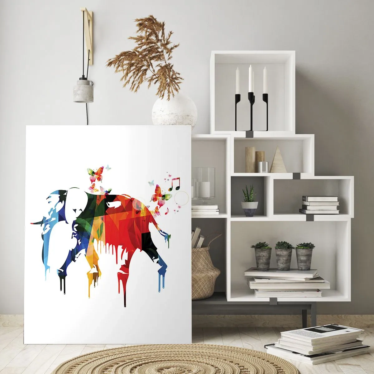 Impression sur verre - Image sur verre - Éléphant coloré avec des papillons dans un style géométrique moderne - 80x120cm - Tout le monde peut danser - Décoration murale moderne pour le salon et la chambre ARTTOR