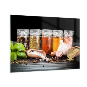 Impression sur verre - Image sur verre - Épices colorées dans des pots sur fond sombre - 100x70cm - Pour que la vie ait du goût - Décoration murale moderne pour le salon et la chambre ARTTOR