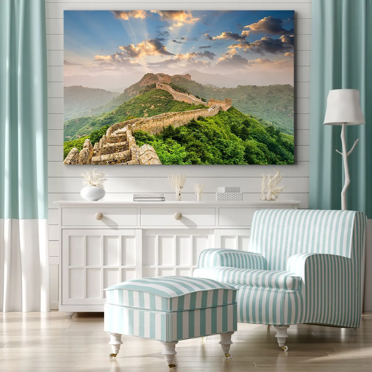 Impression sur toile - Image sur toile - La Grande Muraille de Chine illuminée par la lumière du soleil dans un paysage pittoresque - 120x80cm - Grandeur éternelle - Décoration murale moderne pour le salon et la chambre ARTTOR