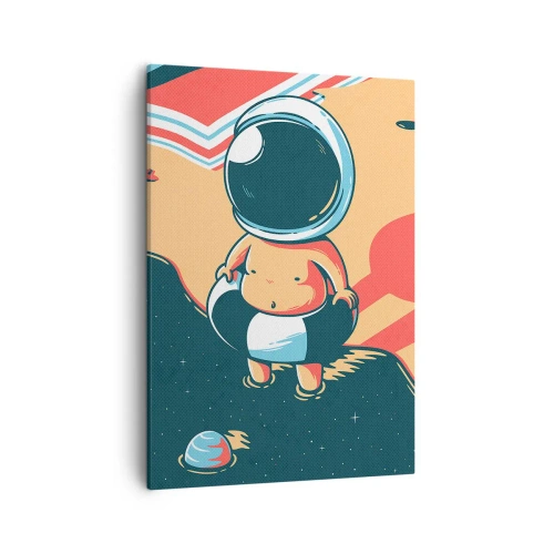 Impression sur toile - Image sur toile - Astronaute drôle sur la plage avec des éléments spatiaux en arrière-plan - 50x70cm - Suivant une autre perspective - Décoration murale moderne pour le salon et la chambre ARTTOR