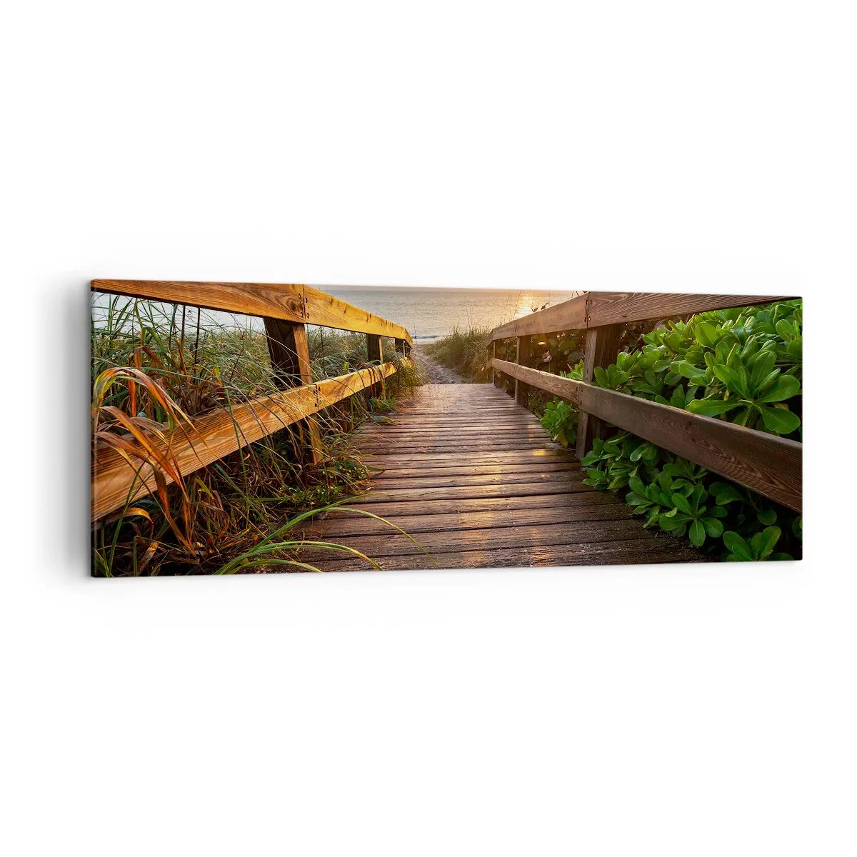 Impression sur toile - Image sur toile - Jetée en bois menant à la plage au coucher du soleil - 140x50cm - Tout droit vers le rivage - Décoration murale moderne pour le salon et la chambre ARTTOR