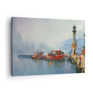 Impression sur toile - Image sur toile - Un port avec des bateaux rouges entouré d'un paysage brumeux - 70x50cm - Na końcu świata - Décoration murale moderne pour le salon et la chambre ARTTOR
