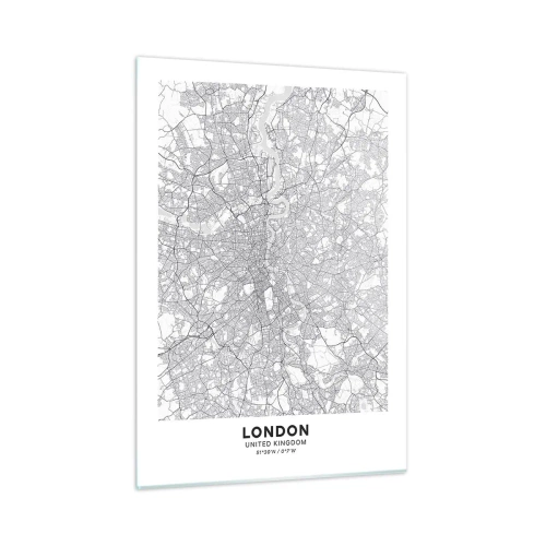 Impression sur verre - Image sur verre - Une carte en noir et blanc avec un quadrillage de rues dense dans un style minimaliste. - 50x70cm - Carte du labyrinthe londonien - Décoration murale moderne pour le salon et la chambre ARTTOR