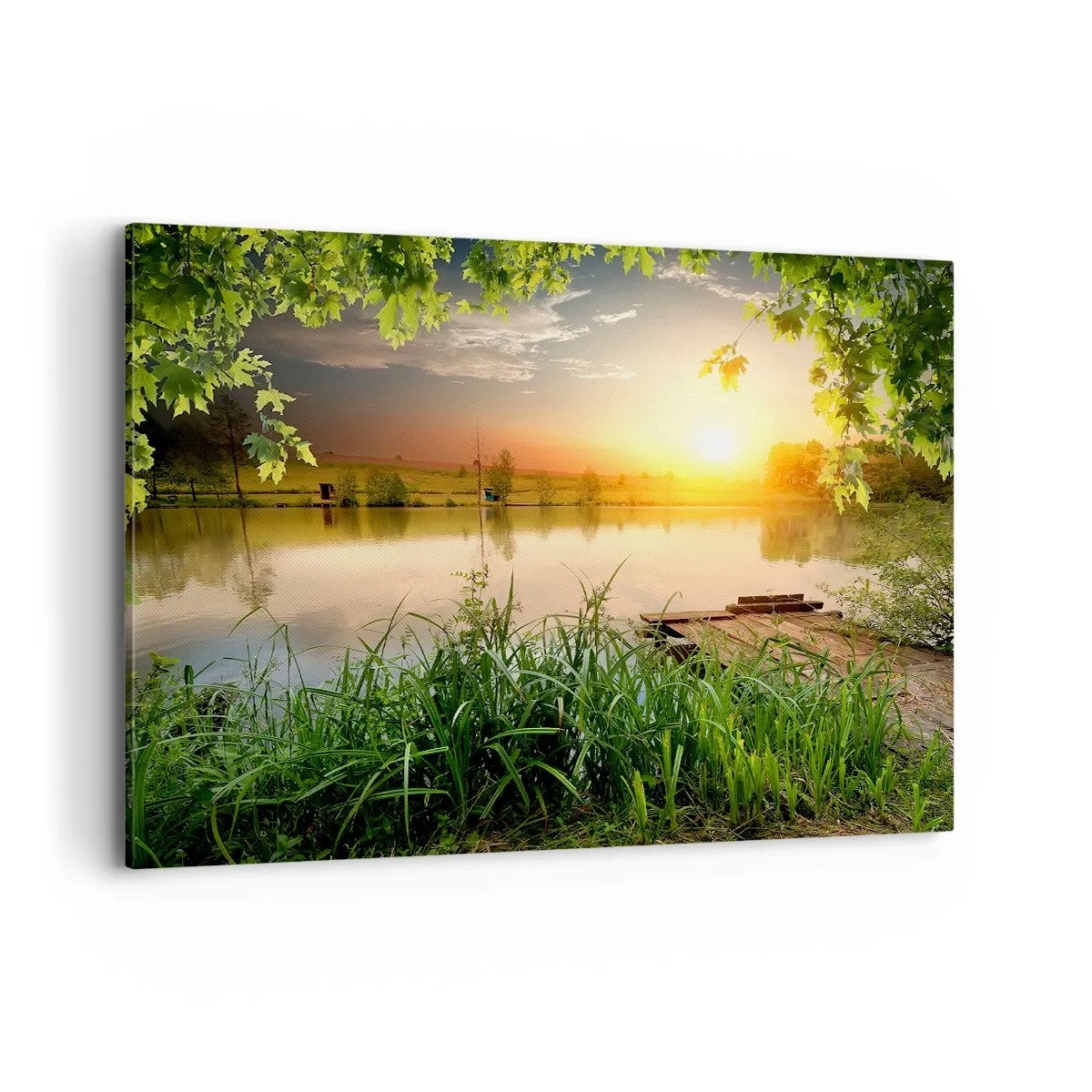 Impression sur toile - Image sur toile - Paysage verdoyant avec un lac au coucher du soleil - 120x80cm - Paysage dans un cadre verdoyant - Décoration murale moderne pour le salon et la chambre ARTTOR