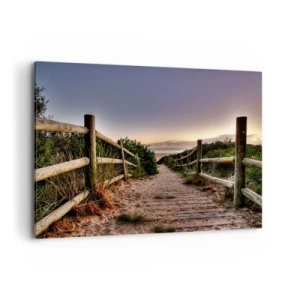 Impression sur toile - Image sur toile - Chemin en bois dans les dunes menant à la plage au coucher du soleil - 120x80cm - On voit déjà le but - Décoration murale moderne pour le salon et la chambre ARTTOR