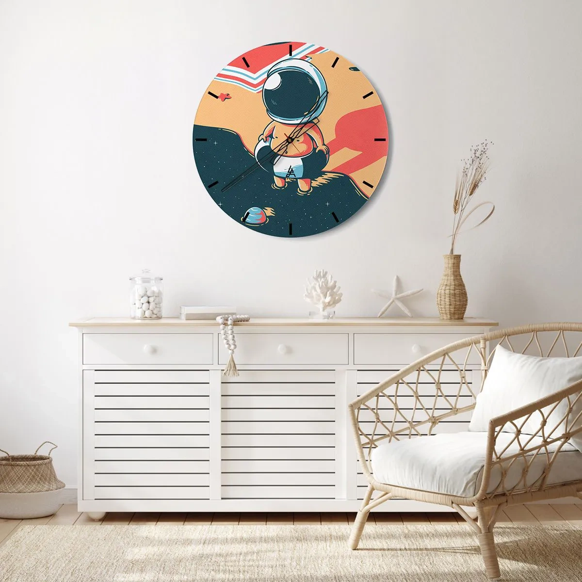 Horloge murale - Pendule murale - Astronaute sur fond spatial dans un style rétro - 30x30cm - Suivant une autre perspective - Décoration murale moderne pour le salon, la cuisine et la chambre ARTTOR