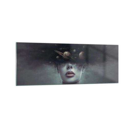 Impression sur verre - Image sur verre - Un visage de femme avec un motif de planète et d'espace en arrière-plan - 140x50cm - Et les planètes deviennent folles... - Décoration murale moderne pour le salon et la chambre ARTTOR