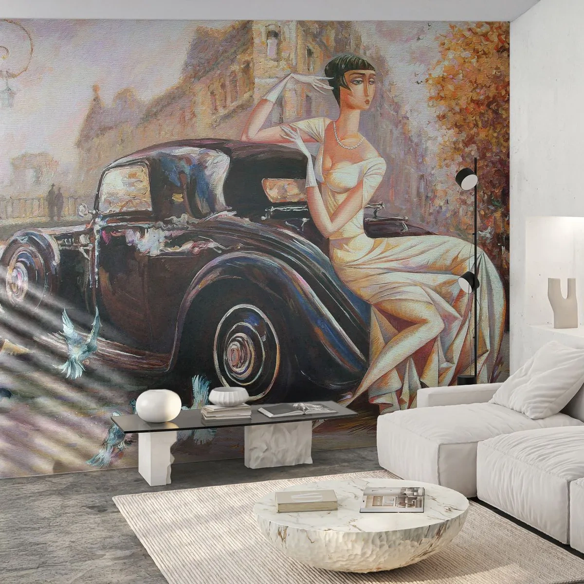 Papier Peint Autocollant Deluxe Sticker - L'élégance dans un style rétro - Voiture rétro, Femme, Palais - 250x175 cm