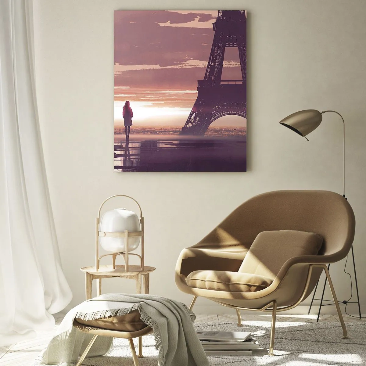 Impression sur verre - Image sur verre - Une silhouette regardant la Tour Eiffel à la lumière du soleil couchant - 70x100cm - Seulement deux d'entre eux - Décoration murale moderne pour le salon et la chambre ARTTOR