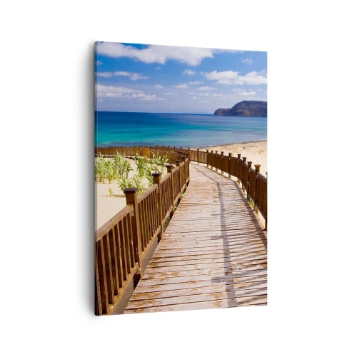 Impression sur toile - Image sur toile - Chemin en bois menant à la plage avec vue sur l'océan - 50x70cm - Emmène-moi dans les îles du bonheur - Décoration murale moderne pour le salon et la chambre ARTTOR