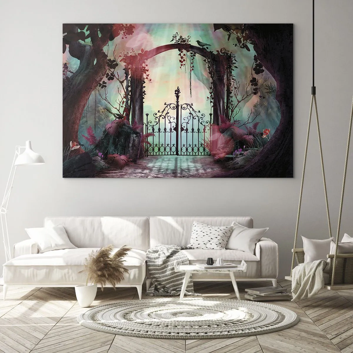 Impression sur verre - Image sur verre - Portes magiques dans une forêt de conte de fées - 70x50cm - Jardin secret - Décoration murale moderne pour le salon et la chambre ARTTOR