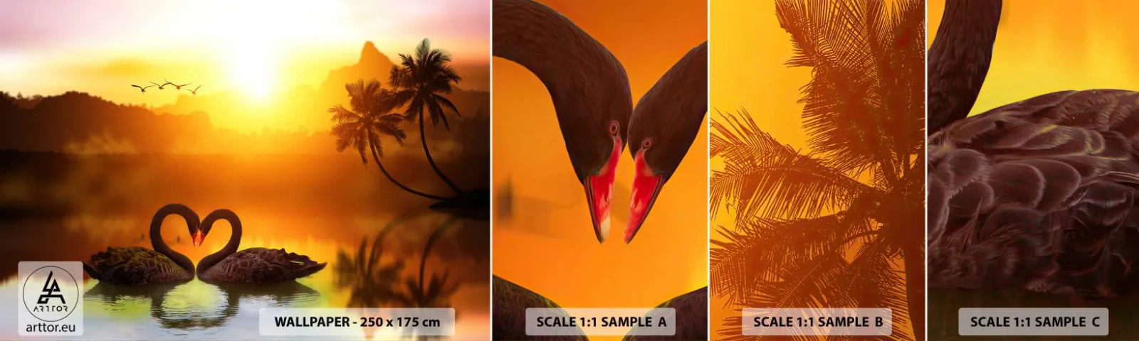 Échantillon de Papier Peint Autocollant Deluxe Sticker - Tout va ensemble - Cœur, Cygnes, Cocotier - 100x30 cm