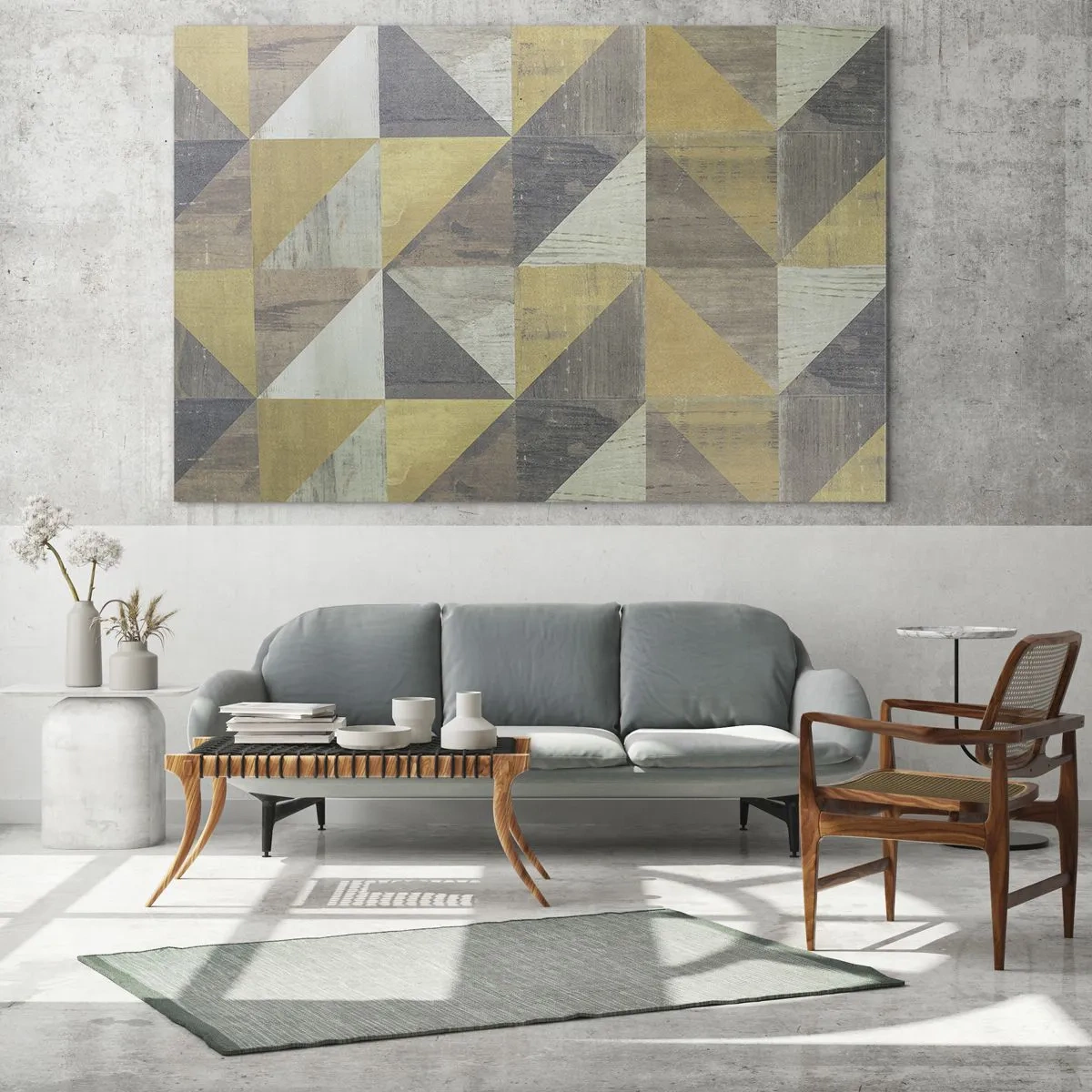 Impression sur verre - Image sur verre - Composition géométrique de triangles aux tons terreux - 120x50cm - Suivant l'angle du triangle - Décoration murale moderne pour le salon et la chambre ARTTOR
