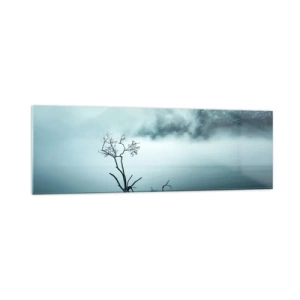 Impression sur verre - Image sur verre - Un arbre solitaire dans l'eau entouré de brouillard et de montagnes - 160x50cm - D'eau et de brouillard - Décoration murale moderne pour le salon et la chambre ARTTOR