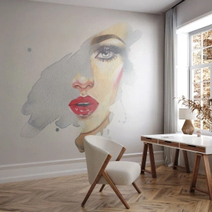 Papier Peint Autocollant Deluxe Sticker - Reflet dans une goutte d'eau - Visage de femme, Femme, lèvres rouges - 300x210 cm