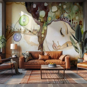 Papier Peint Photo Standard Eco - Illustration à l'aquarelle d'une femme endormie dans un décor abstrait - 100x70cm - Un rêve violet émeraude - Décoration murale moderne pour le salon et la chambre ARTTOR