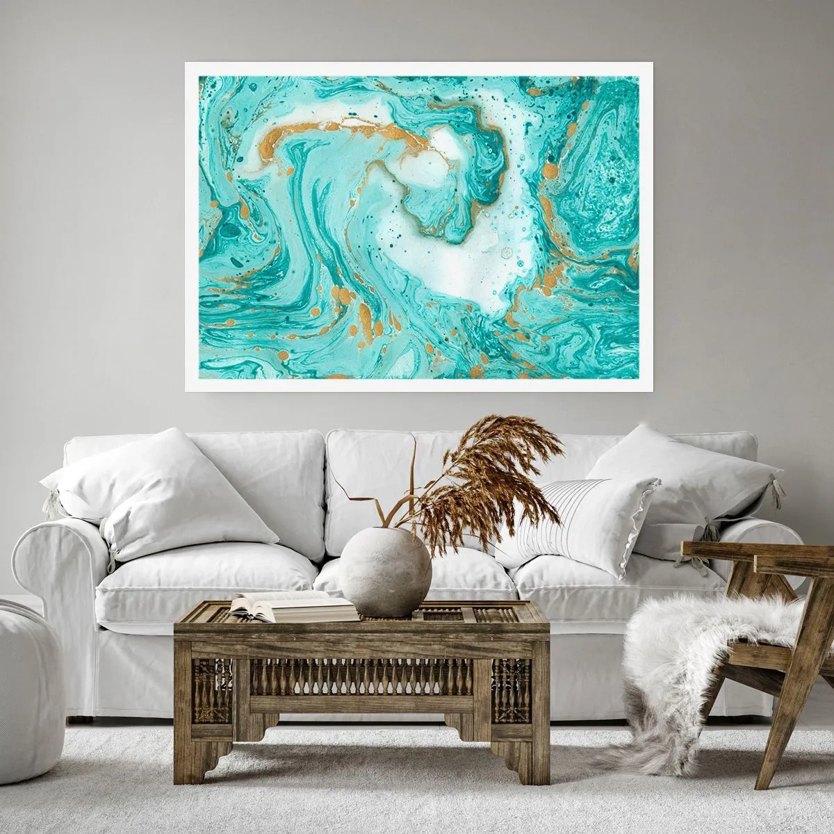 Affiche - Poster - Marbre turquoise avec des accents dorés dans une composition abstraite - 100x70cm - Sous la grande vague de l'ère Edo - Décoration murale moderne pour le salon et la chambre ARTTOR