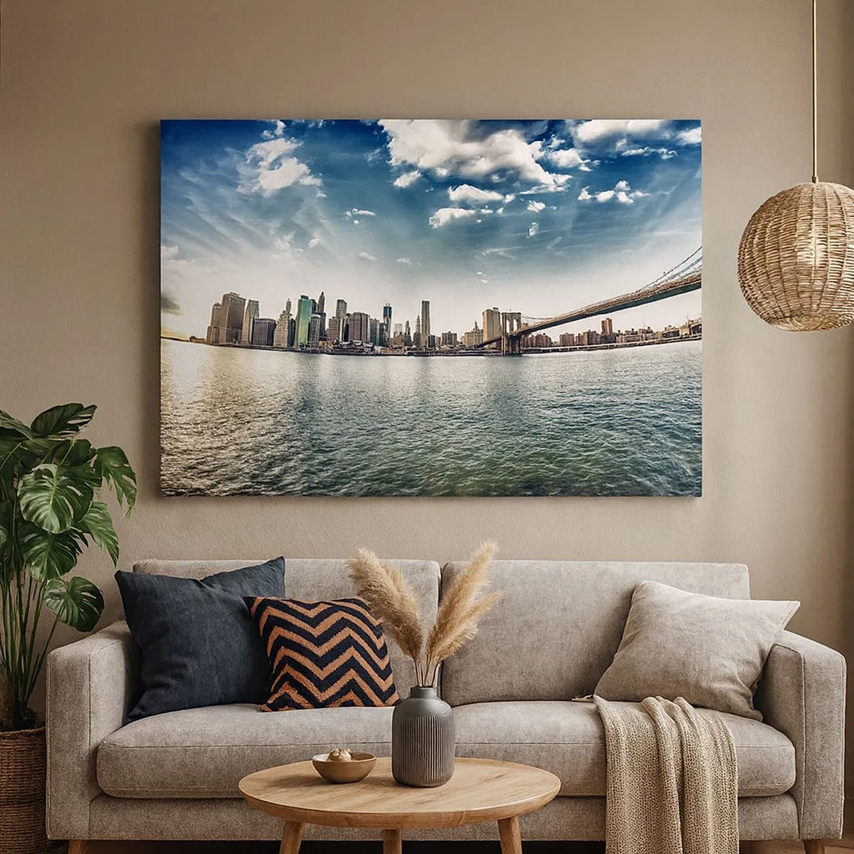Impression sur toile - Image sur toile - Panorama de la ville avec un pont contre le ciel bleu - 70x50cm - L'île de verre - Décoration murale moderne pour le salon et la chambre ARTTOR