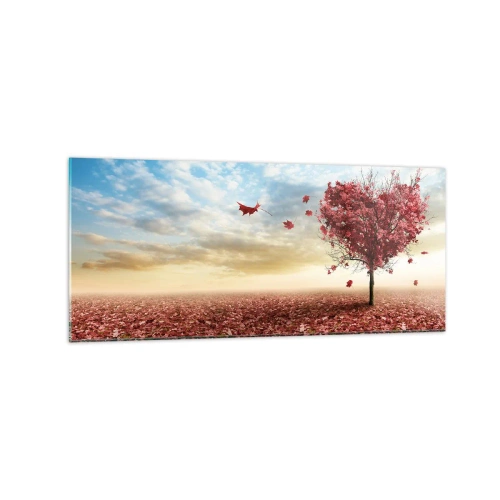 Impression sur verre - Image sur verre - Un arbre solitaire en forme de cœur dans un champ de feuilles rouges - 120x50cm - Vous allez aussi aimer l'automne - Décoration murale moderne pour le salon et la chambre ARTTOR