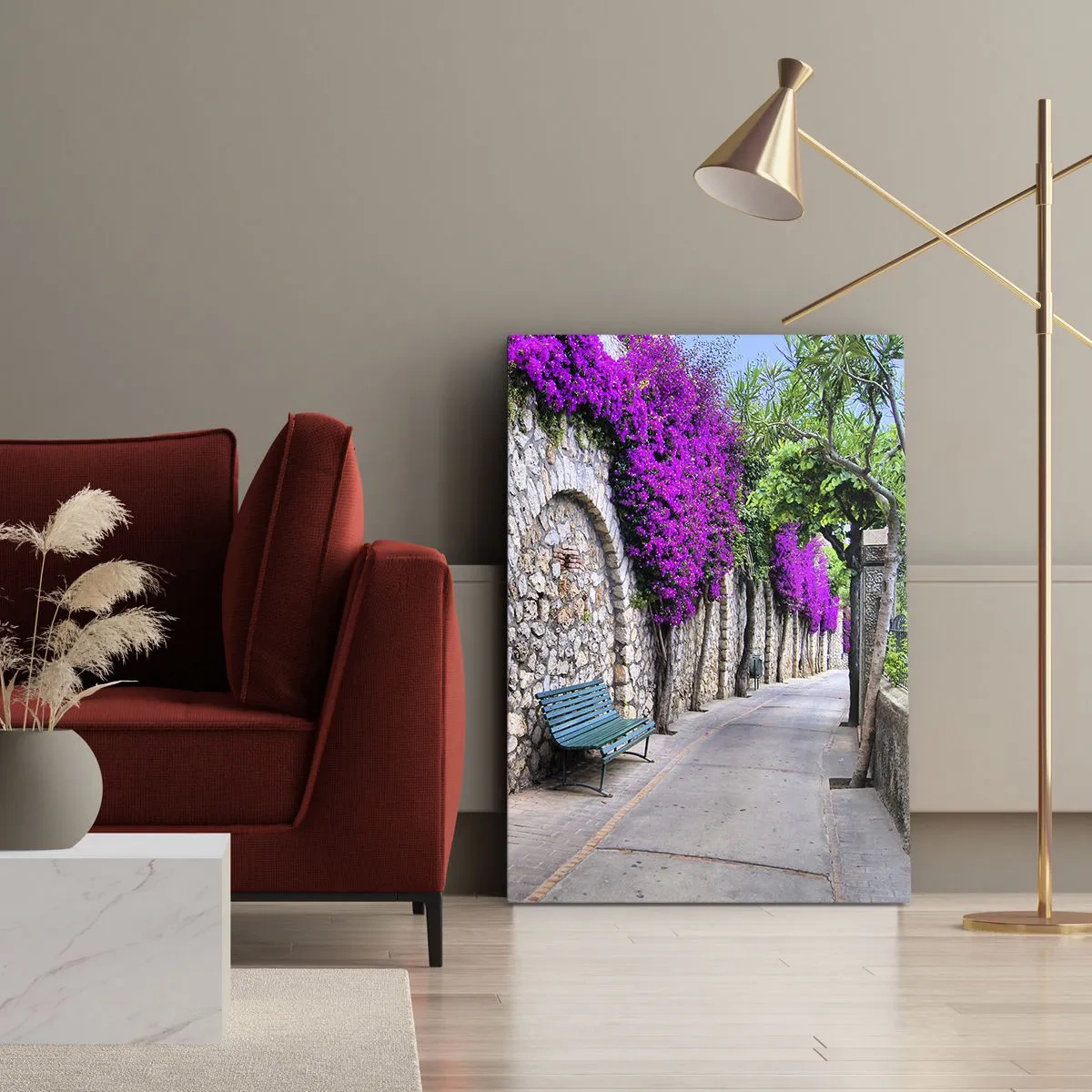 Impression sur toile - Image sur toile - Un chemin de pierre avec un banc et des fleurs violettes en fleurs - 50x70cm - Rencontrons-nous au plus vite - Décoration murale moderne pour le salon et la chambre ARTTOR