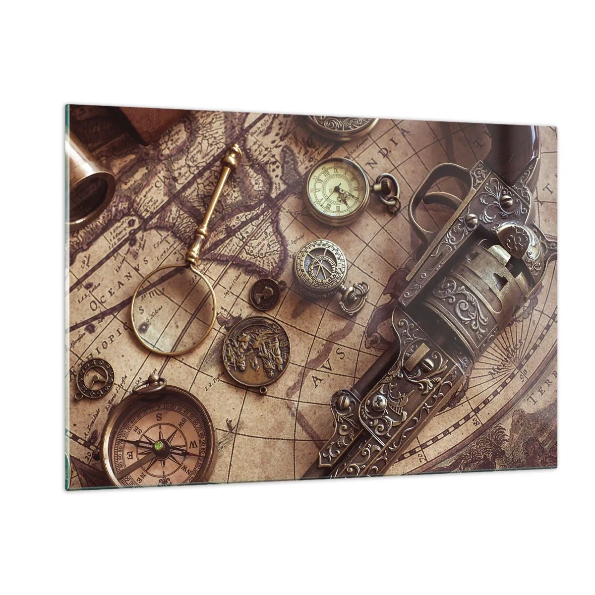 Impression sur verre - Image sur verre - Des objets anciens et une carte - 120x80cm - L'aventure appelle - Décoration murale moderne pour le salon et la chambre ARTTOR