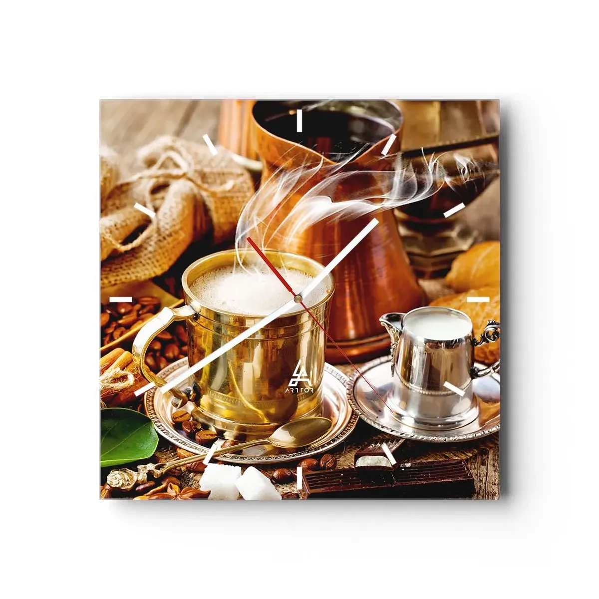 Horloge murale - Pendule murale - Une tasse de café dorée entourée de grains, de cruches et de croissants - 30x30cm - Bonne journée! - Décoration murale moderne pour le salon et la chambre ARTTOR