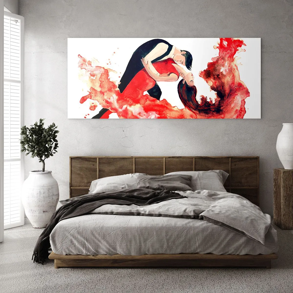 Impression sur verre - Image sur verre - Une aquarelle dynamique d'un couple dansant aux couleurs rouges. - 140x50cm - Tango - une vague sensuelle - Décoration murale moderne pour le salon et la chambre ARTTOR
