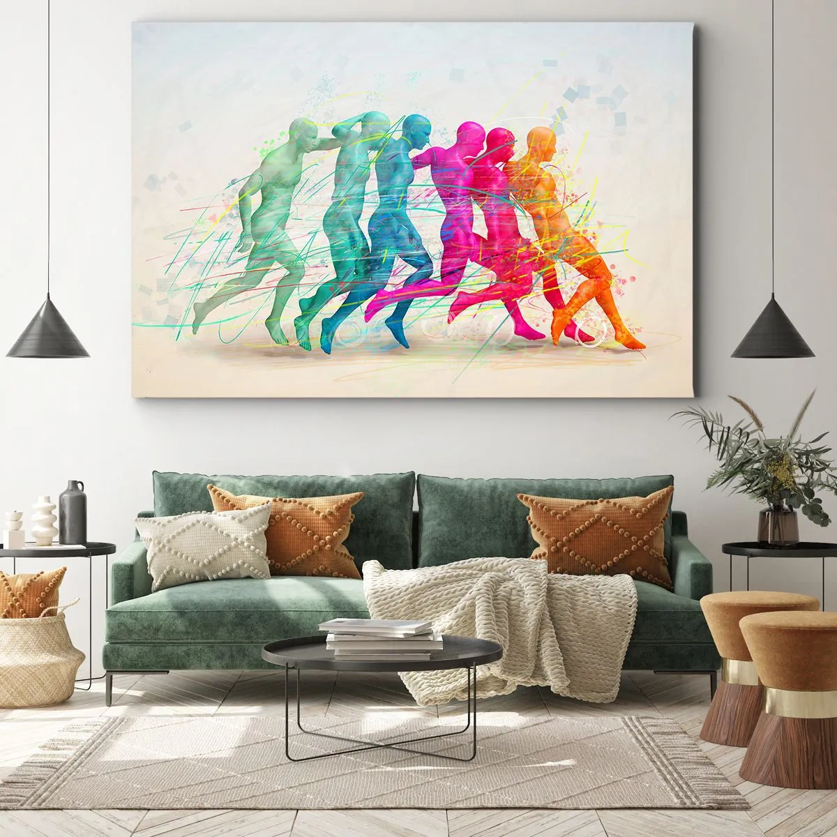 Impression sur toile - Image sur toile - Silhouettes colorées de coureurs en mouvement - 120x80cm - Harmonie du mouvement - Décoration murale moderne pour le salon et la chambre ARTTOR