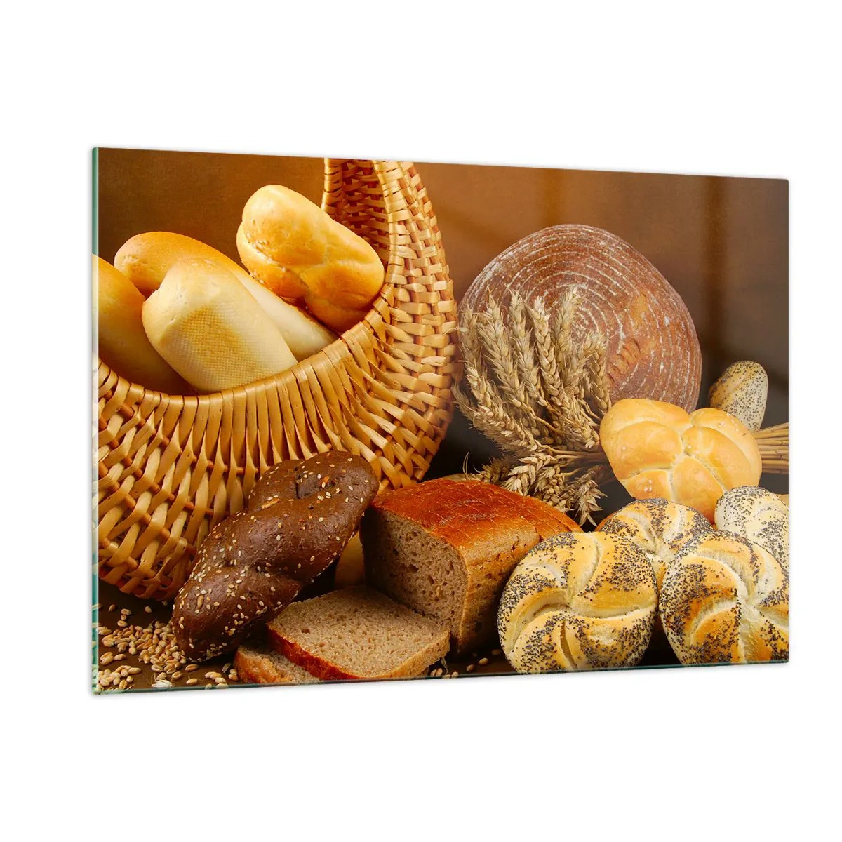 Impression sur verre - Image sur verre - Un panier de pain et de miches sur fond d'épis de céréales - 120x80cm - On s'en est encore sorti - Décoration murale moderne pour le salon et la chambre ARTTOR