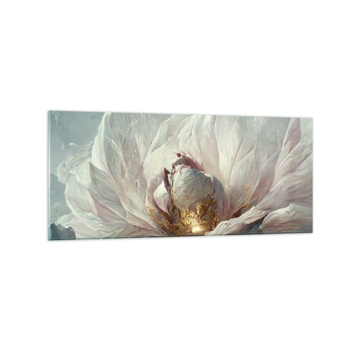 Impression sur verre - Image sur verre - Une fleur blanche délicate avec de subtils accents dorés - 120x50cm - Il fleurit une fois tous les cent ans - Décoration murale moderne pour le salon et la chambre ARTTOR