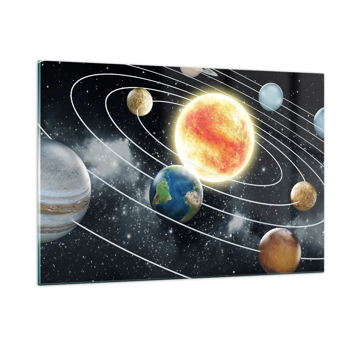 Impression sur verre - Image sur verre - Le système solaire avec ses planètes et ses orbites sur fond d'espace - 120x80cm - Danse cosmique - Décoration murale moderne pour le salon et la chambre ARTTOR