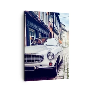 Impression sur toile - Image sur toile - Une voiture blanche classique dans une rue pavée de la ville - 50x70cm - Le passé est aujourd'hui - Décoration murale moderne pour le salon et la chambre ARTTOR