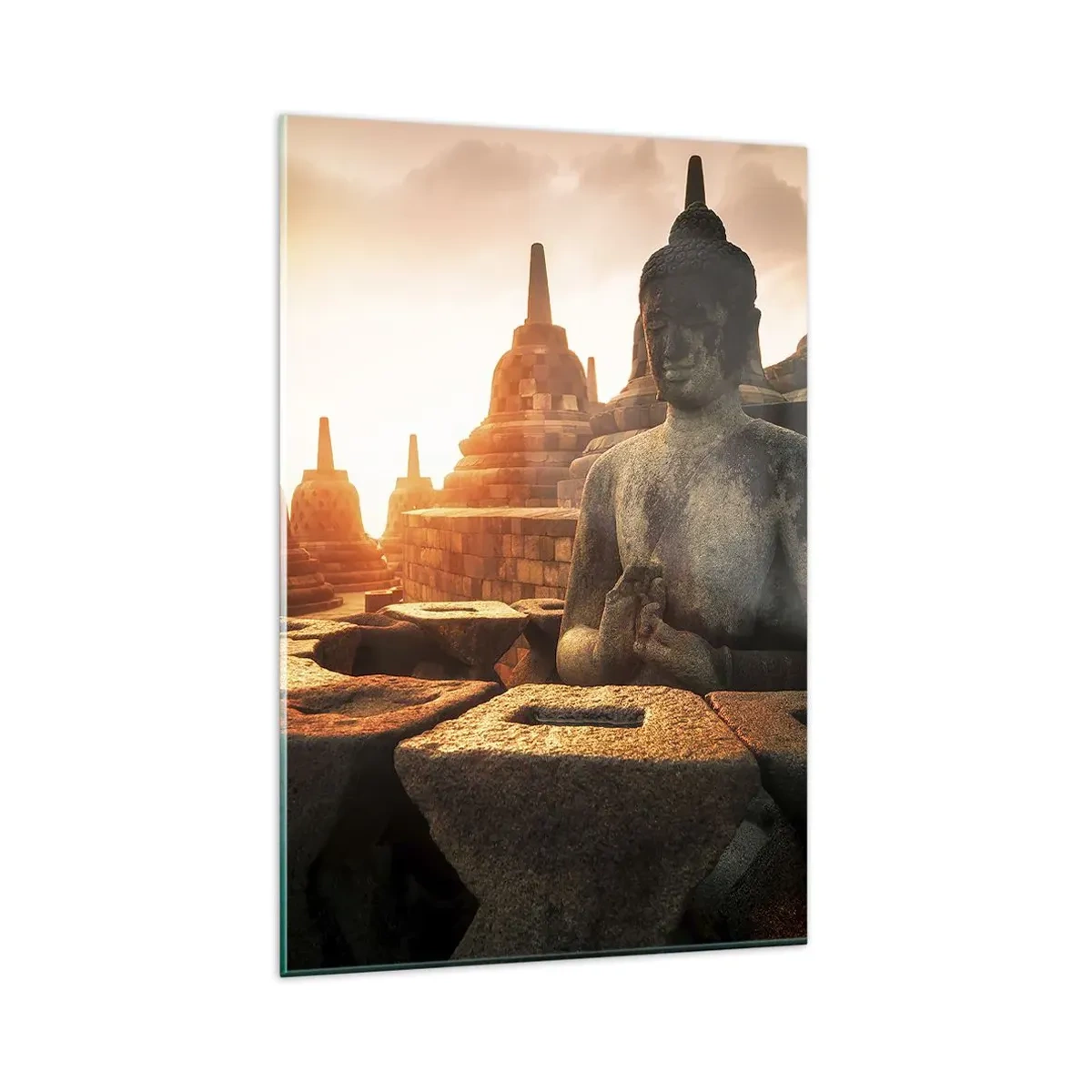 Impression sur verre - Image sur verre - Statue de Bouddha au temple de Borobudur au coucher du soleil - 80x120cm - Temps de grande sagesse - Décoration murale moderne pour le salon et la chambre ARTTOR