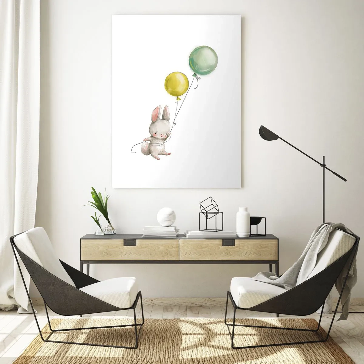 Impression sur verre - Image sur verre - Un lapin tenant des ballons aux couleurs pastel - 70x100cm - Moi aussi je vole! - Décoration murale moderne pour le salon et la chambre ARTTOR
