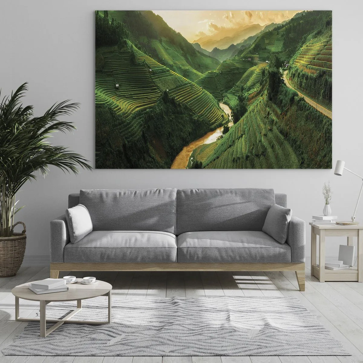Impression sur verre - Image sur verre - Rizières pittoresques dans la vallée au coucher du soleil - 70x50cm - Vallée vietnamienne - Décoration murale moderne pour le salon et la chambre ARTTOR