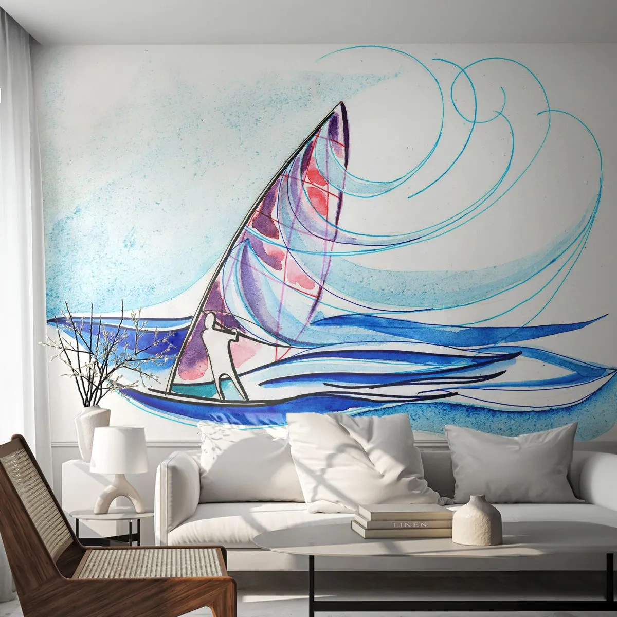 Papier Peint Autocollant Deluxe Sticker - Avec le vent au rythme des vagues - Planche à voile, sport, Mer - 250x175 cm