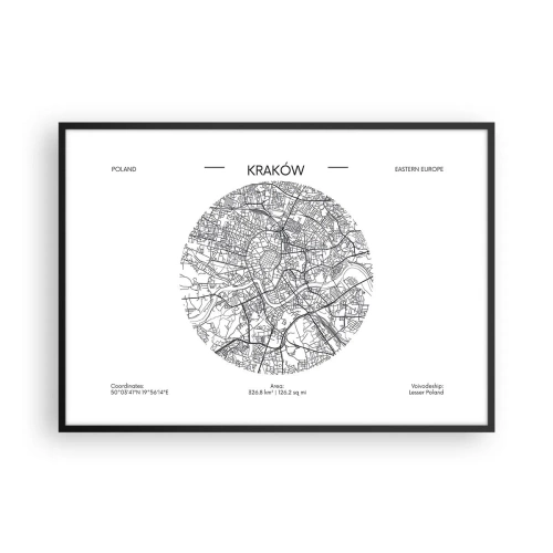 Affiche dans un cadre noir - Poster - Une carte de Cracovie dans un style minimaliste - 100x70cm - Anatomie de Cracovie - Décoration murale moderne pour le salon et la chambre ARTTOR