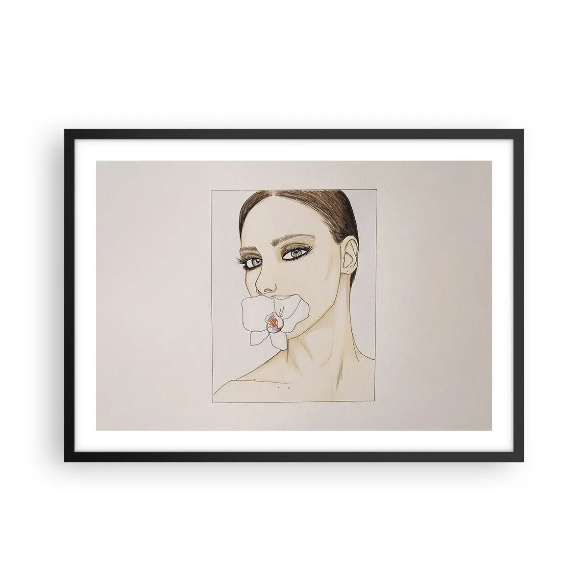 Affiche dans un cadre noir - Poster - Portrait d'une femme avec une orchidée aux couleurs délicates - 70x50cm - Symbole de l'élégance et de la beauté - Décoration murale moderne pour le salon et la chambre ARTTOR