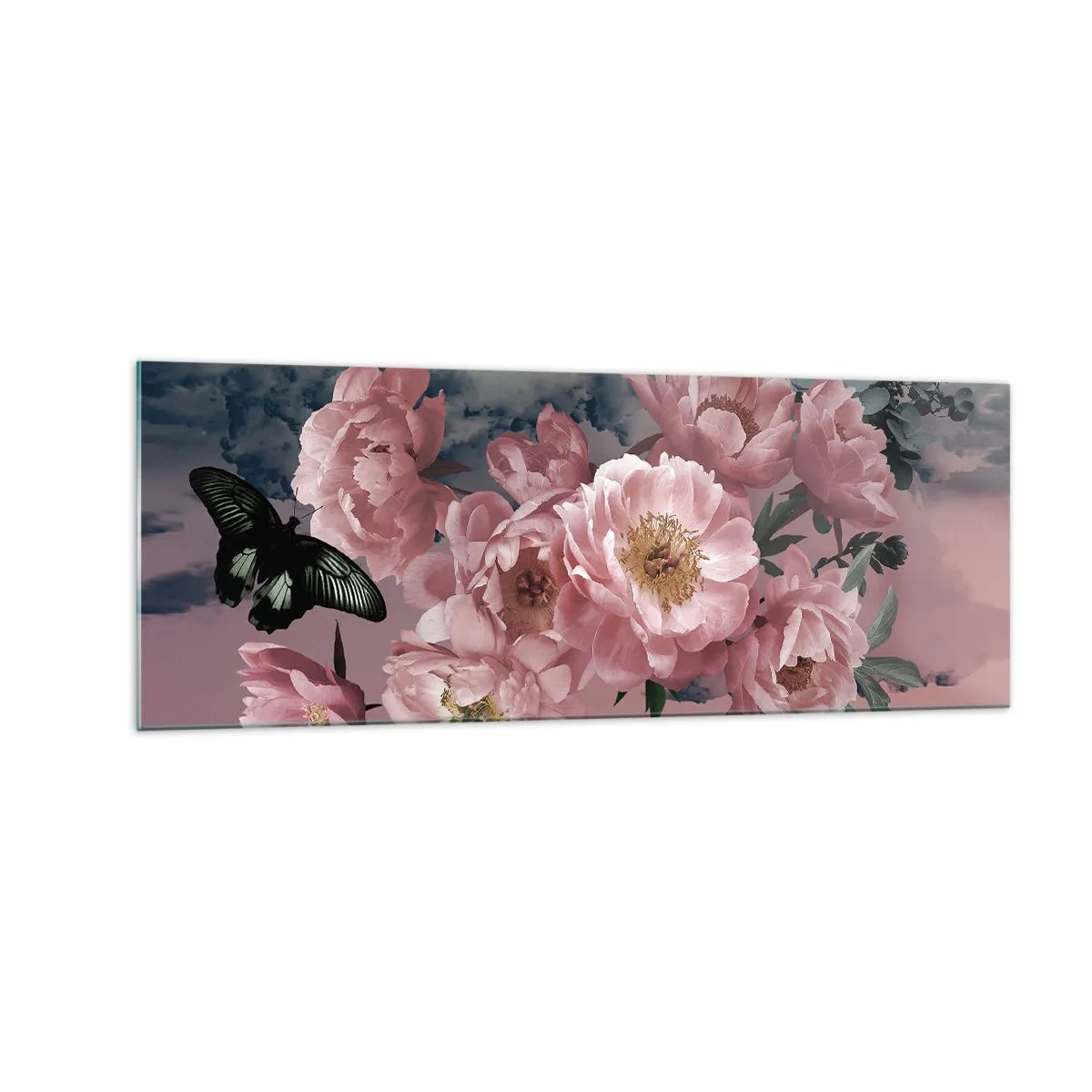 Impression sur verre - Image sur verre - Pivoines roses avec un papillon sur fond pastel - 140x50cm - Pic du romantisme - Décoration murale moderne pour le salon et la chambre ARTTOR