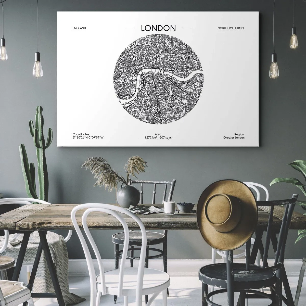 Impression sur toile - Image sur toile - Une carte minimaliste de Londres en noir et blanc avec des détails précis. - 120x80cm - Anatomie de Londres - Décoration murale moderne pour le salon et la chambre ARTTOR
