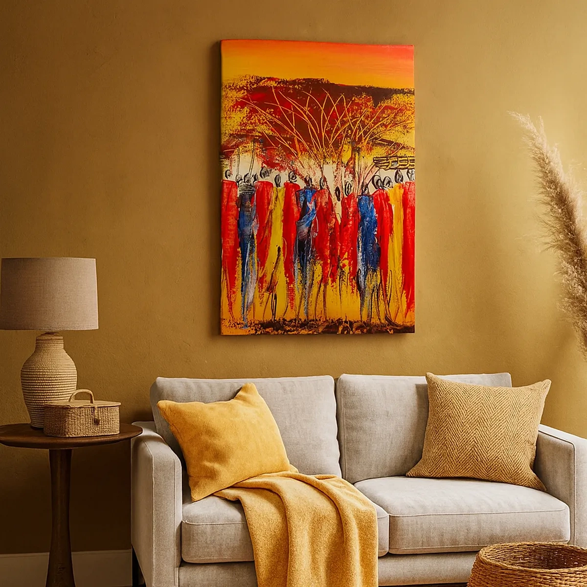 Impression sur toile - Image sur toile - Une scène colorée avec des personnages africains sur fond de soleil couchant. - 50x70cm - Là-bas, là-bas, ils vont là-bas - Décoration murale moderne pour le salon et la chambre ARTTOR