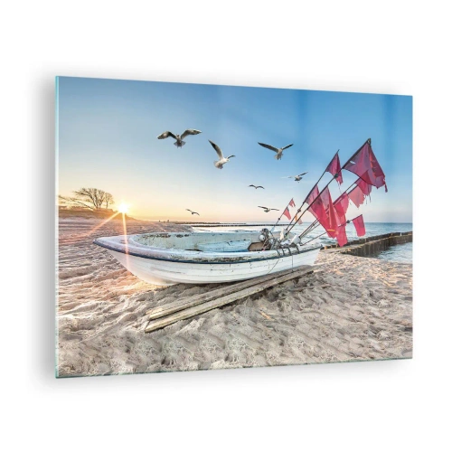 Impression sur verre - Image sur verre - Bateau de pêche sur la plage au lever du soleil - 70x50cm - Repos mérité - Décoration murale moderne pour le salon et la chambre ARTTOR