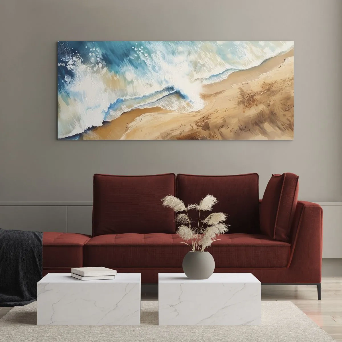 Impression sur verre - Image sur verre - Une vague de mer s'écrasant contre le rivage sablonneux - 120x50cm - La vague qui revient - Décoration murale moderne pour le salon et la chambre ARTTOR
