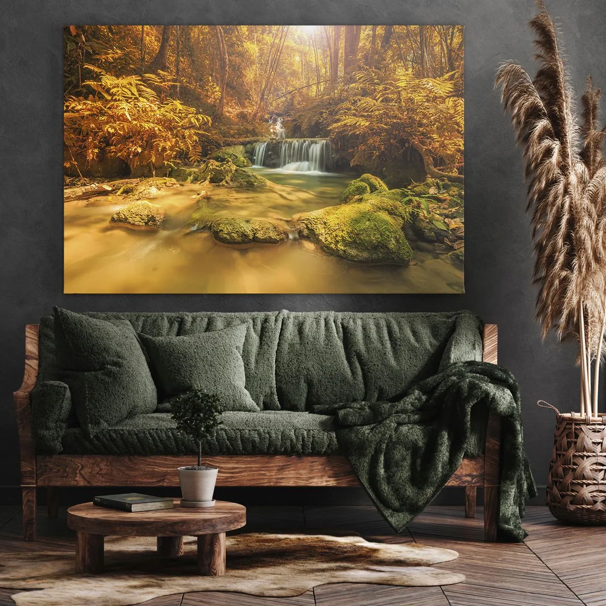 Impression sur toile - Image sur toile - Une cascade dorée dans une forêt d'automne entourée de verdure - 70x50cm - Cascade de forêt en or - Décoration murale moderne pour le salon et la chambre ARTTOR