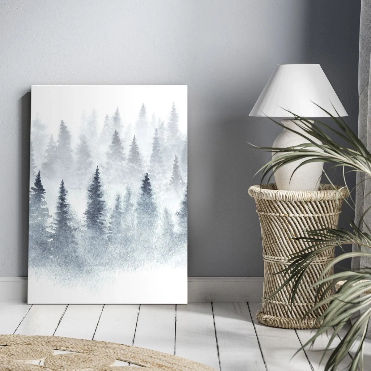 Impression sur toile - Image sur toile - Forêts de conifères baignées d'un brouillard délicat - 50x70cm - Enveloppé de brouillard - Décoration murale moderne pour le salon et la chambre ARTTOR
