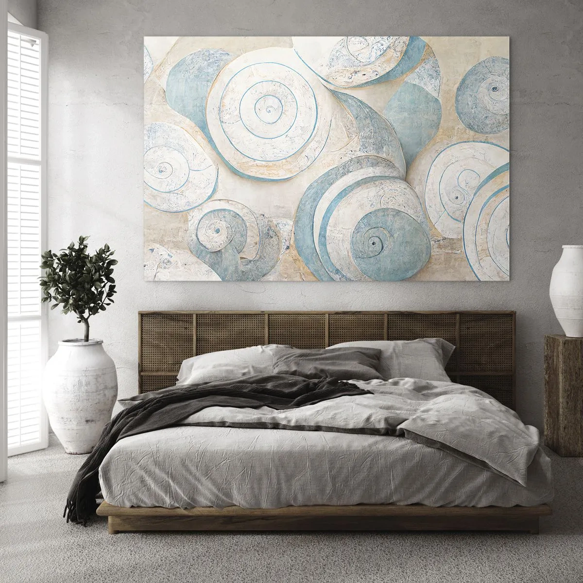 Impression sur verre - Image sur verre - Coquillages dans une palette bleue et beige sur un fond structuré - 70x50cm - Que cache la coque ? - Décoration murale moderne pour le salon et la chambre ARTTOR