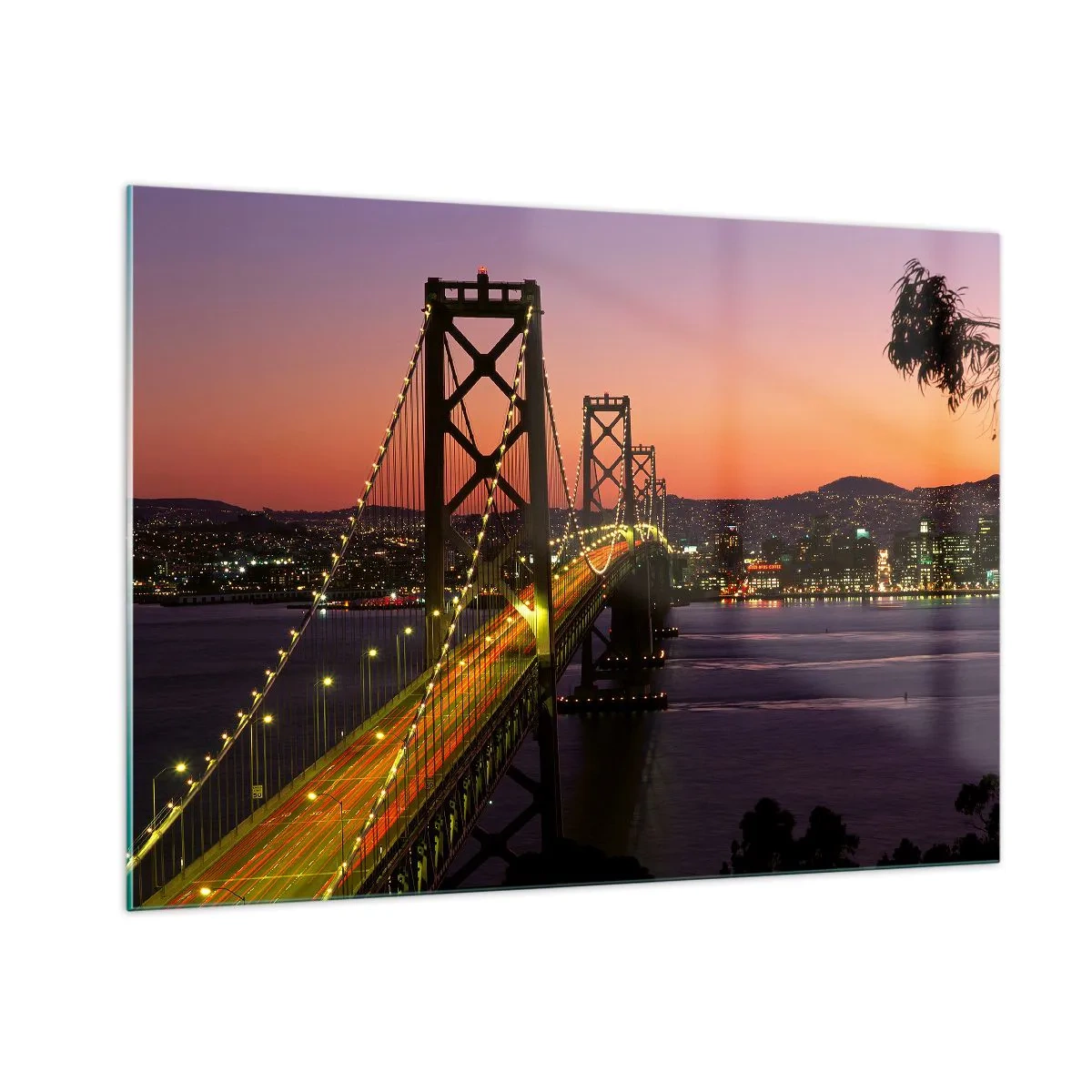 Impression sur verre - Image sur verre - Le pont la nuit dans la ville et la lumière du coucher du soleil - 100x70cm - Soirée violette - Décoration murale moderne pour le salon et la chambre ARTTOR