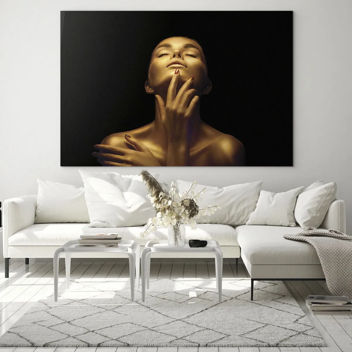 Impression sur verre - Image sur verre - Portrait d'une femme aux nuances dorées - 70x50cm - Comme de la soie dorée - Décoration murale moderne pour le salon et la chambre ARTTOR